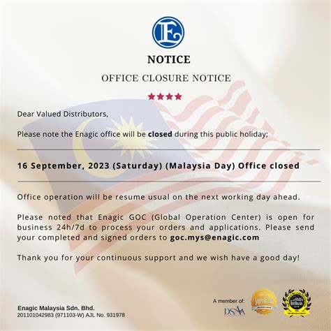 Office Close Public Holiday Enagic Malaysia Sdn Bhd