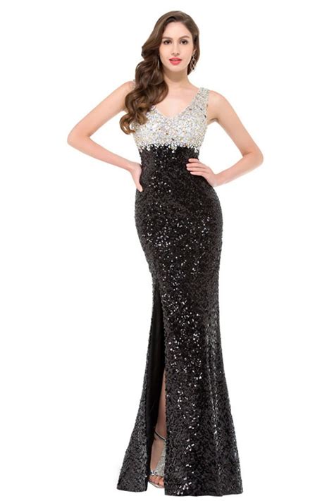 Sexy V Neck Side Slit Black And Silver Sequin Beaded Prom Dress