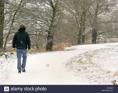 Man Walking Frozen Footpath Snow Countryside Alone Full