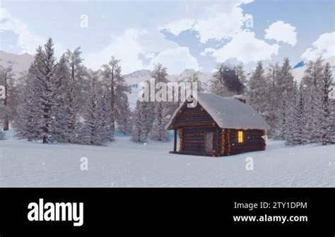 Cozy Snow Covered Log Cabin With Smoking Chimney And Lighted Window