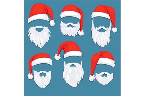 Christmas Santa Claus Red Hats With White Moustache And Beards Vector