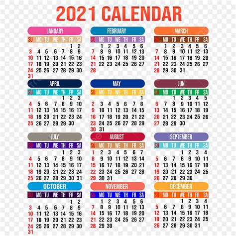 Desain Kalender 2021 Berwarna Warni Yang Dapat Diedit 2021 Kalender