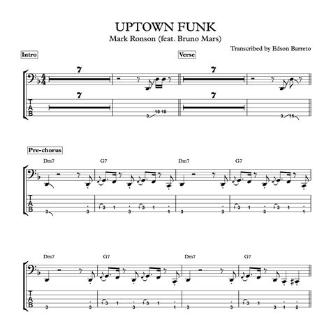Uptown Funk Mark Ronson Feat Bruno Mars Bass Transcription Score