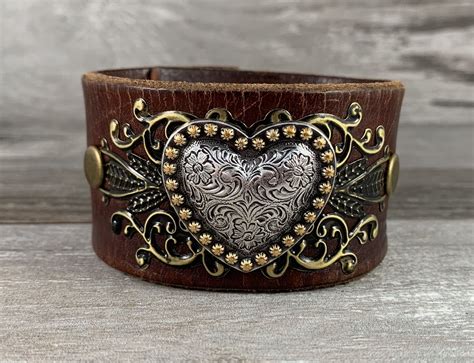 Leather Cuff Bracelet With Two Tone Heart Concho Recycled Etsy