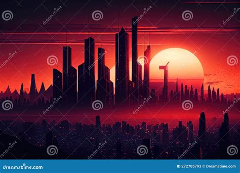 City Skyline At Dusk With The Sun Setting In The Background Stock