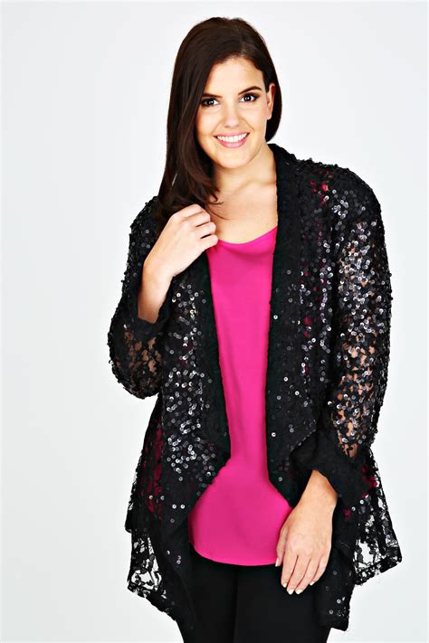 Black Lace And Sequin Waterfall Jacket Plus Sizes 16182022242628