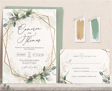 Sage And Gold Wedding Invitation Template Download Eucalyptus Etsy