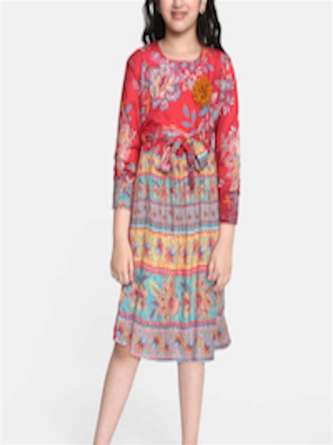 Buy Bella Moda Red And Blue Pure Cotton Floral Print A Line Dress With