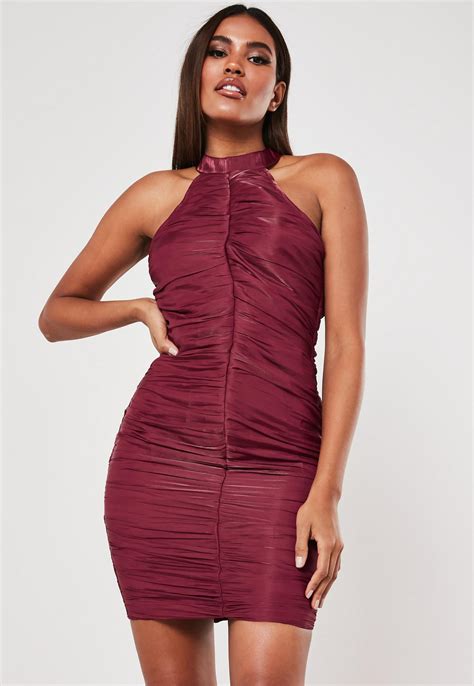 Red Ruched Halterneck Bodycon Mini Dress Missguided