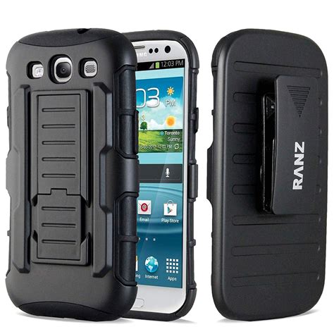 galaxy s3 case ranz black rugged impact armor hybrid kickstand cover with belt clip holster