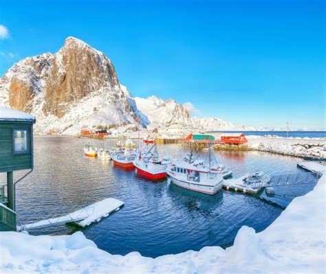 Amazing Winter View On Hamnoy Village With Port And Festhaeltinden