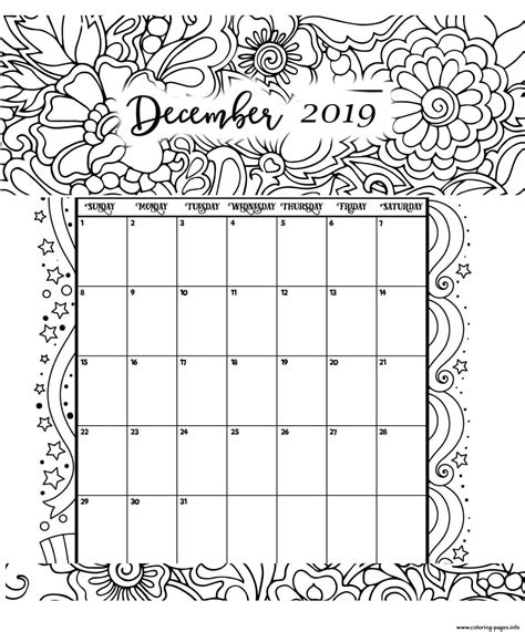 December Calendar 2019 Coloring Page Printable