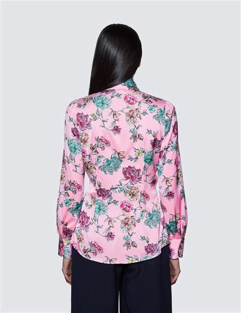 Women S Pink Red Floral Print Pussy Bow Blouse Hawes Curtis
