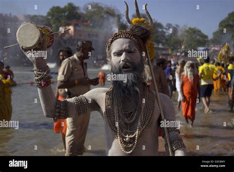 Naga Sadhu With Drum Going For Shahi Snaan Royal Holy Dip Kumbh Mela Ujjain Madhya