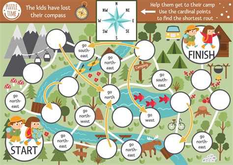 Summer Camp Dice Board Game For Children With Map And Compass Points