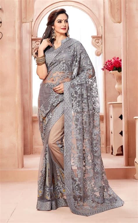 Grey Saree Net Saree ₹3 900 00 Buy Latest Saree With Custom Stitching And Worldwide Shipping