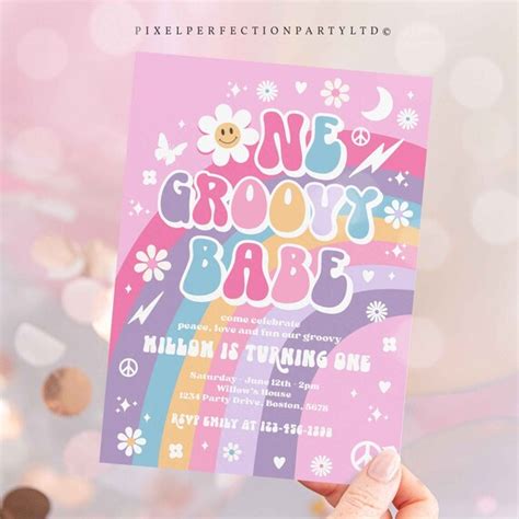 Editable One Groovy Babe Birthday Party Invitation Groovy One Birthday