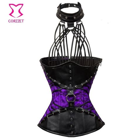 Leather Brocade Halter Gothic Clothing Women Steel Boned Corsets Shoe Laces