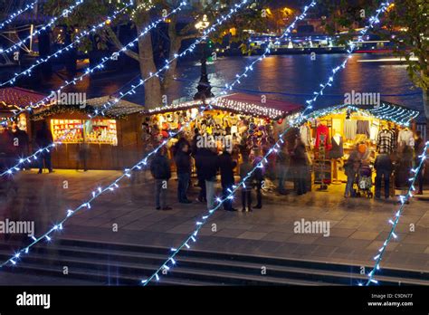 German Christmas Market Stalls On The South Bank London At Night