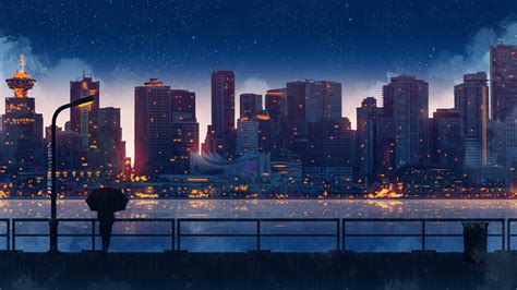 2560x1440 Anime City Lights Night Rain Umbrella Sky 5k 1440p Resolution