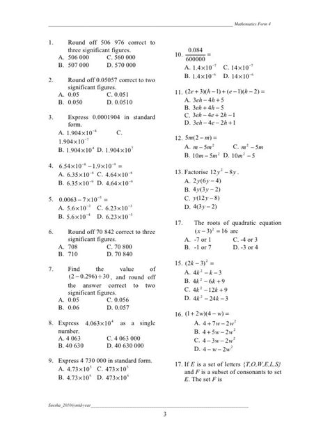 Mathematics Form 3 Chapter 1 Exercise With Answers Exercise Poster