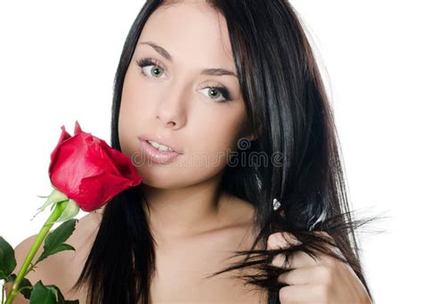 The Girl With Beautiful Hair With A Red Rose Stock Image Image Of