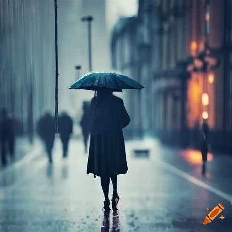 A Solitary Woman Walking On A Rainy Street
