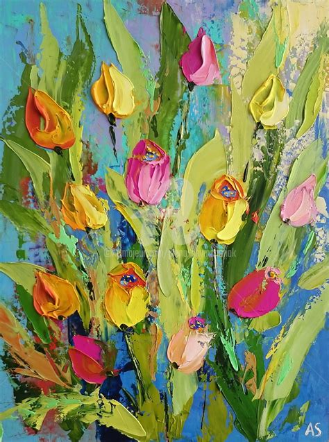 Pink And Yellow Tulips Palette Knife Oil Painting Peinture Par Alena