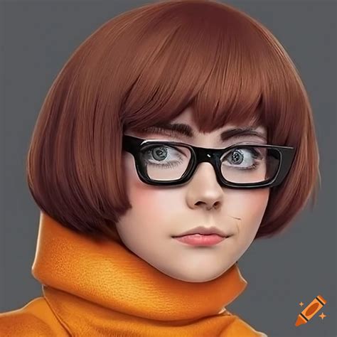 realistic cosplay of velma dinkley with brown hair and stylish glasses on craiyon