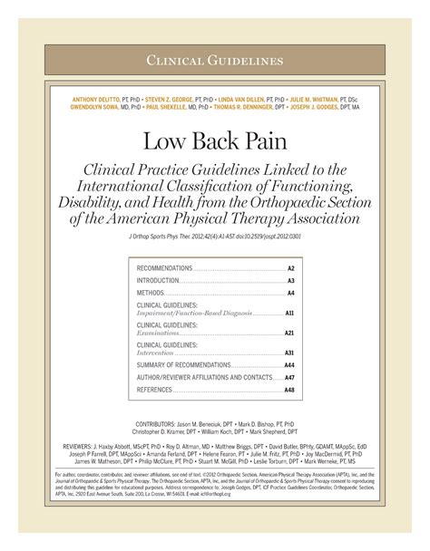 Low Back Pain Clinical Practice Guidelines Jospt 2012 Clinical