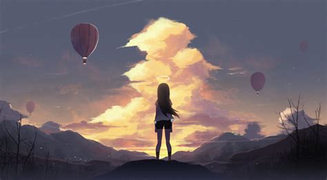 Anime Girl Looking Up At Hot Air Balloons In The Sky 5k