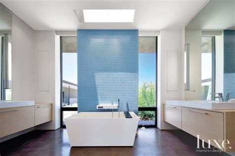 White Modern Bathroom With Blue Accent Wall Luxe Interiors Design