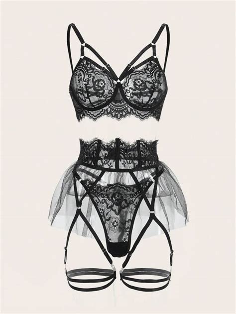goth floral lace underwire garter lingerie set shein uk