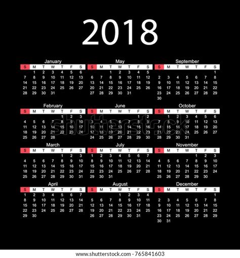 Calendar 2018 Year Vector Design Template Stock Vector Royalty Free