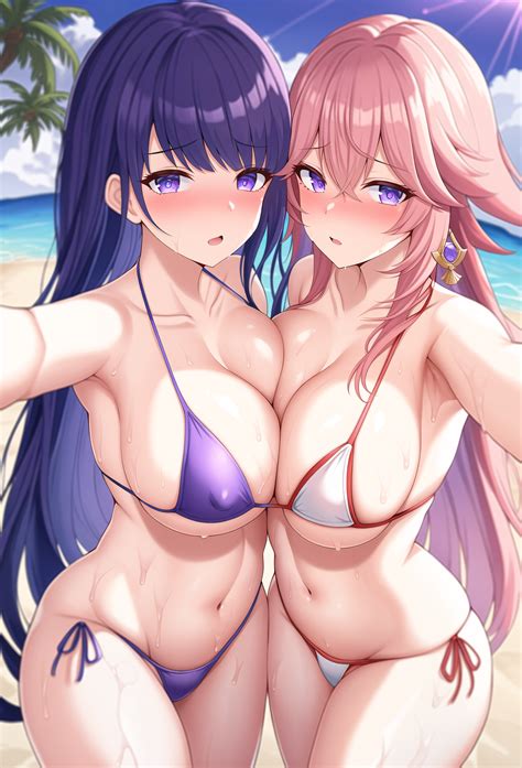 Rule 34 Ai Generated Beach Bikini Breast Squish Cleavage Curvy Genshin Impact Large Breasts
