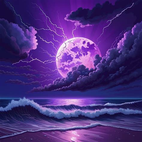 Purple Sky With A Full Moon Over The Ocean Ai Generated Artwork