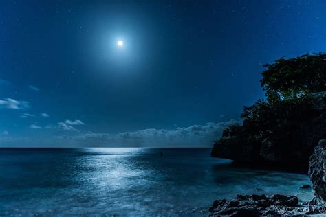 Landscape Nature Caribbean Sea Starry Night Moon Moonlight Island Beach