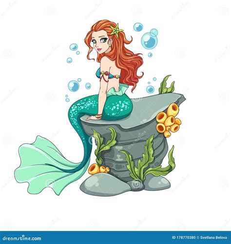 Beautiful Cartoon Mermaid With Curly Red Hair And Green Fish Tail