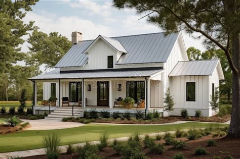 Modern Farmhouse With Wrap Around Porch And Natural Landscaping Stock