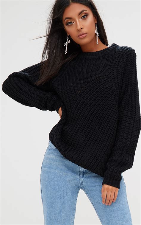 Black Chunky Knit Round Neck Sweater Knitwear Prettylittlething Il