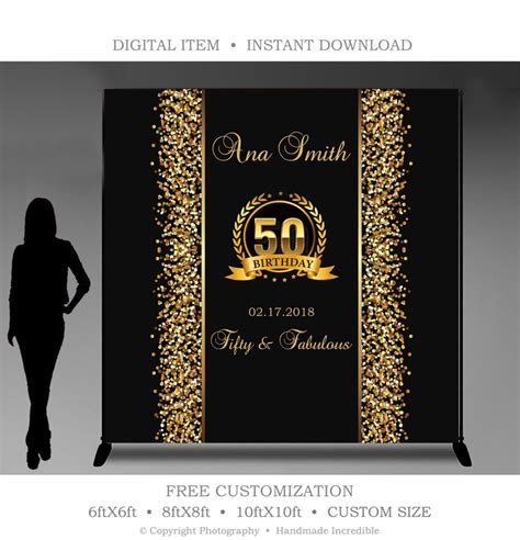 50th Birthday Party Backdrop Printable Black And Gold Party Etsy