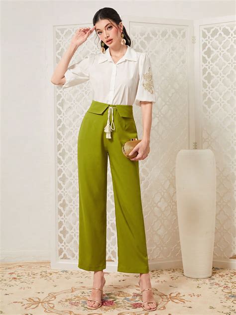 Shein Mulvari Tassel Detail Flipped Waist Straight Leg Pants Shein Usa