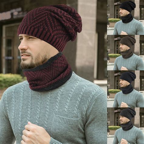 Men Warm Beanie Winter Thicken Knit Windproof Cap Hat And Scarf Two