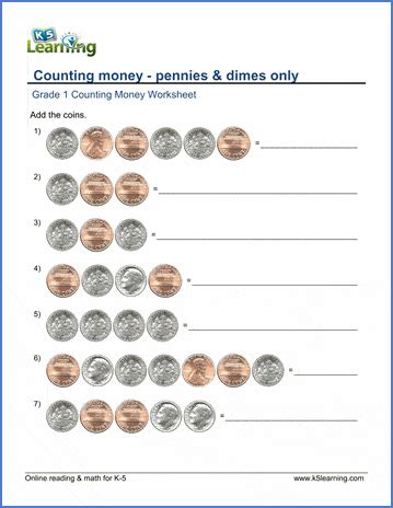 First grade money worksheets printable may be used by anybody at home for educating and studying objective. Grade 1 counting money worksheets - dimes and pennies | K5 ...