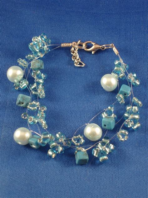 Turquoise Blue Contemporary Bracelet Artificial Pearls Genuine Stones