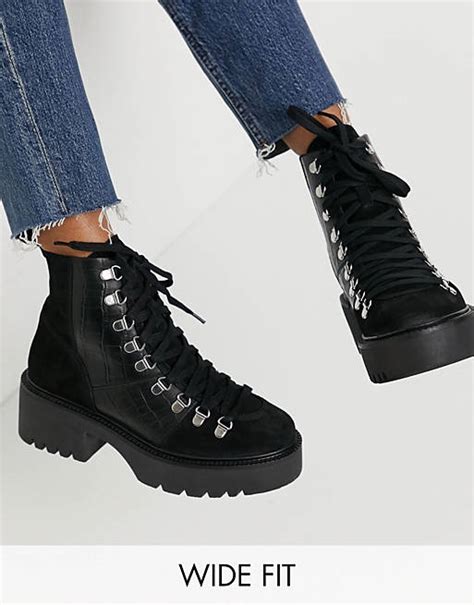 asos design wide fit alison premium leather hiker boots in black asos