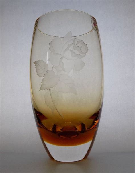 Vintage Caithness Amber Studio Art Glass Vase With Etched Rose Studio