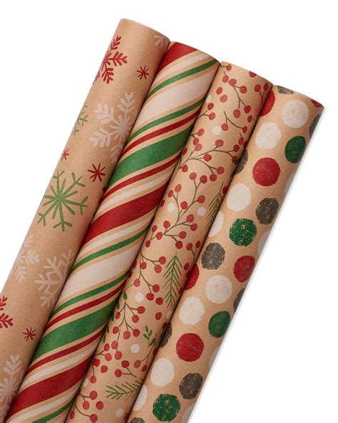 christmas reversible wrapping paper red green and kraft snowflakes polka dots stripes and