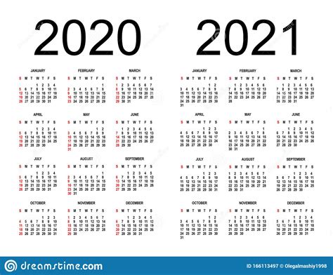 Agenda 2020 2021 Vectorillustratie De Week Begint Op Zondag