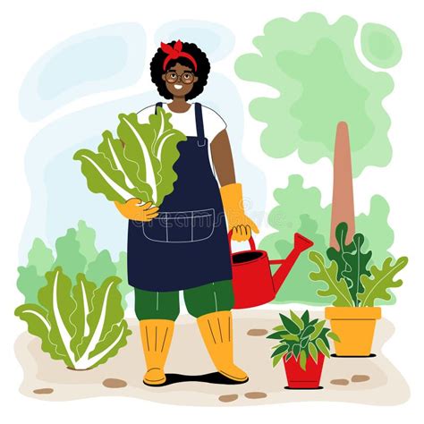 Happy African Gardener Woman With Watering Can Among Potted Plants And